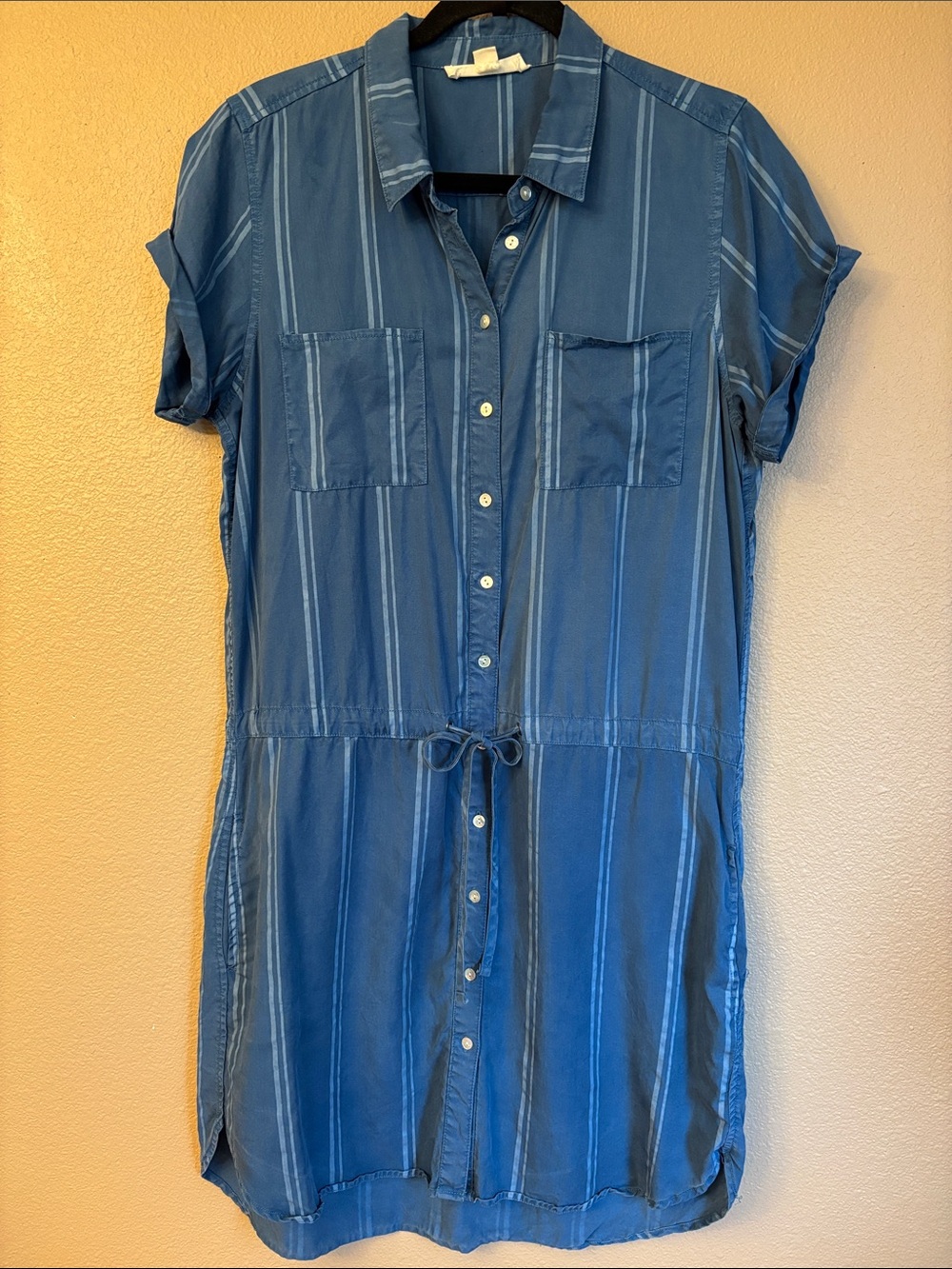 LOVESTITCH L Blue Denim Chambray Striped Button-Front Shirt Dress Short Sleeve